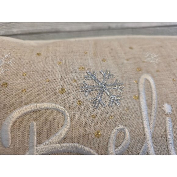St. Nicholas Square Believe Decorative Pillow Beige Snowflakes Gold Dots 12"x8" - Picture 2 of 7